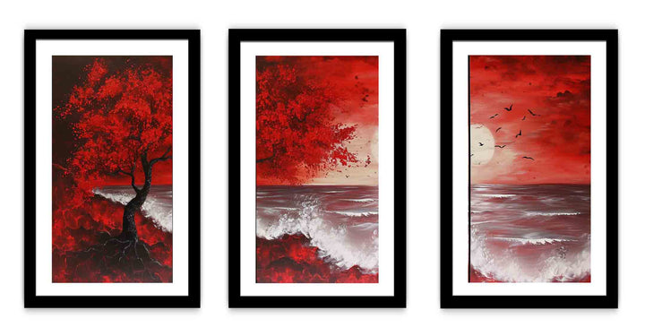 Red Beach Art Painting Set of 3
