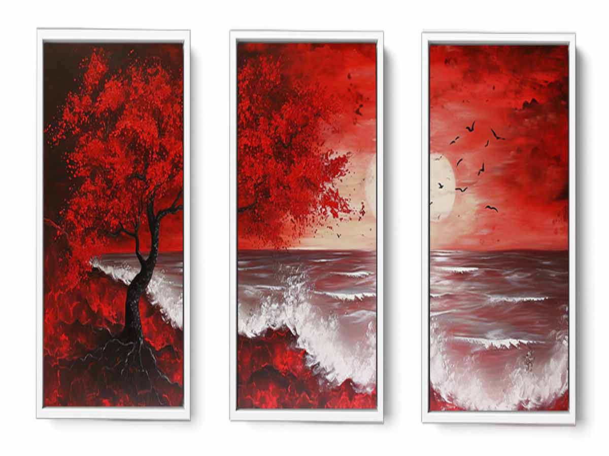 Red Beach Art Painting Set of 3