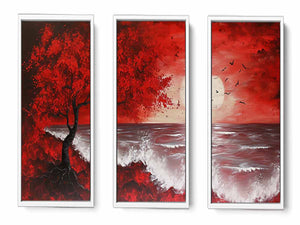 Red Beach Art Painting Set of 3