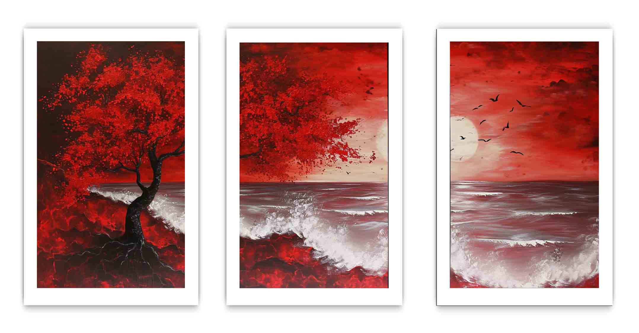 Red Beach Art Painting Set of 3