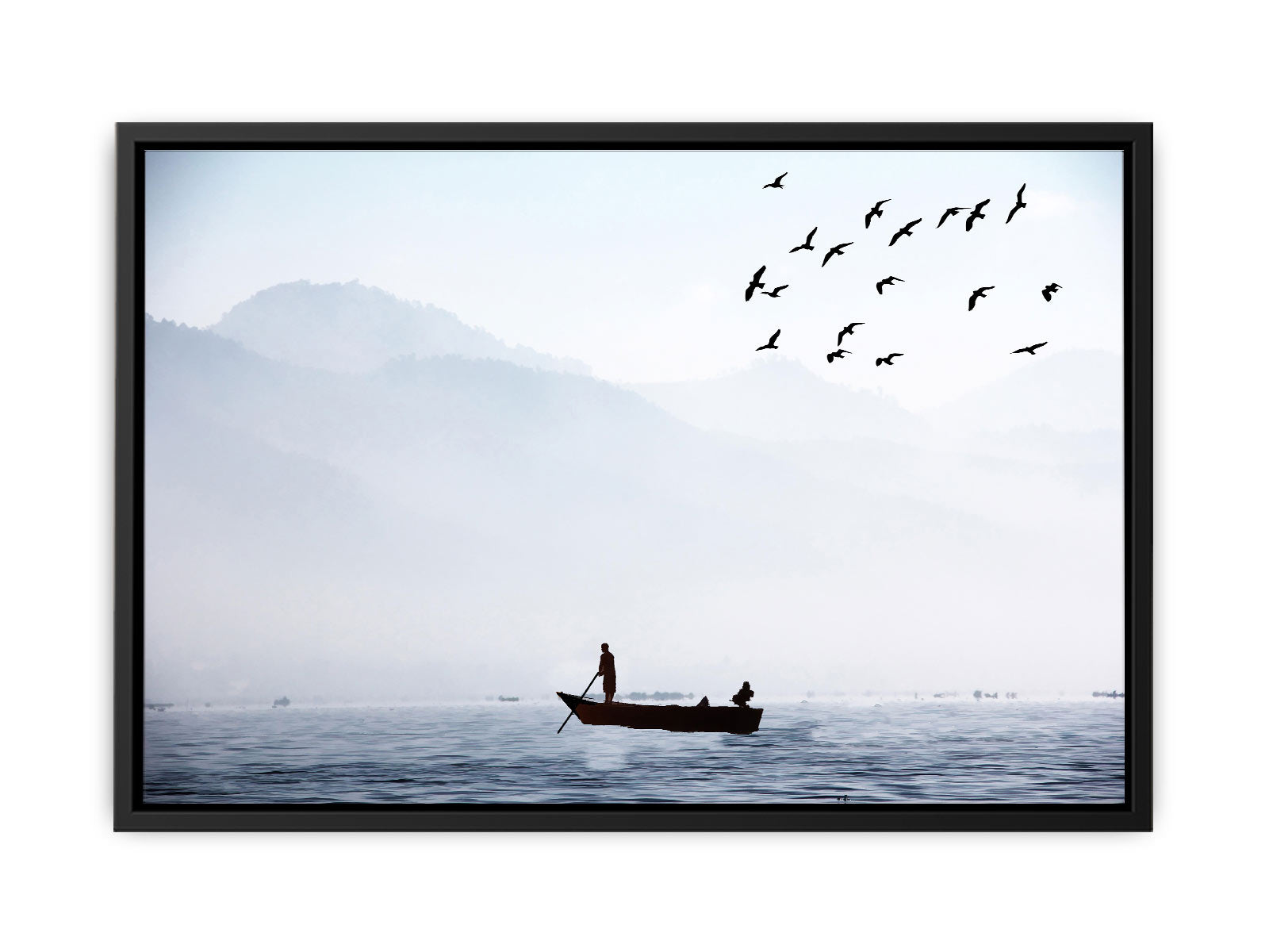 Bird Sea Boat Lake Black and White Painting 
