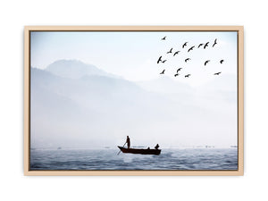 Bird Sea Boat Lake Black and White Painting 